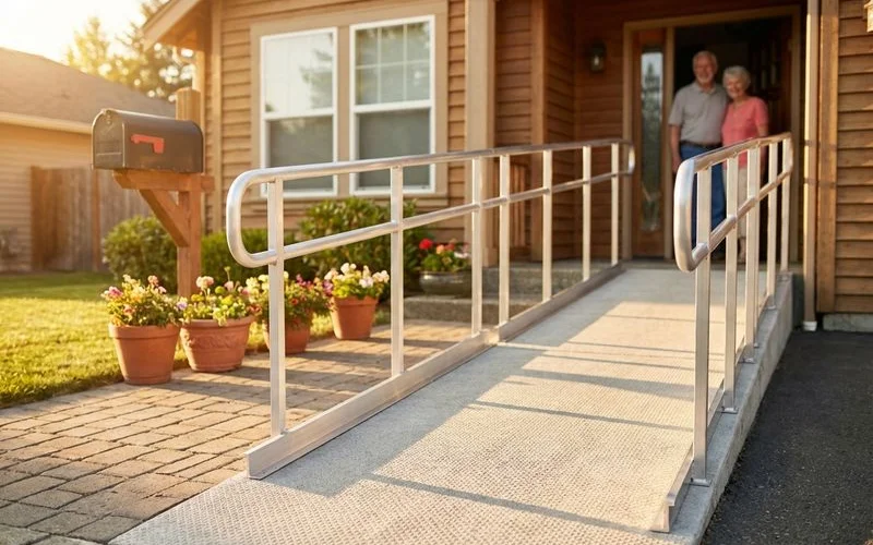 Accessible home entrance with newly installed wheelchair ramp and handrails funded through government grant program