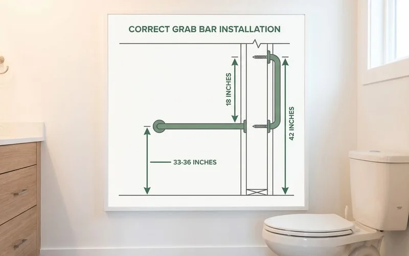 Diagram showing correct grab bar heights and angles near a toilet with horizontal and vertical bar positions