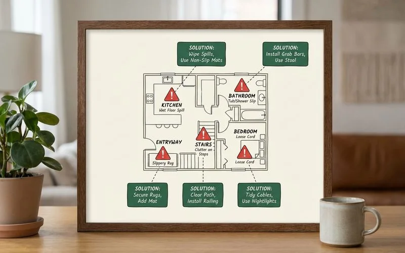 Diagram showing common fall hazard locations throughout a typical home with warning indicators and solutions