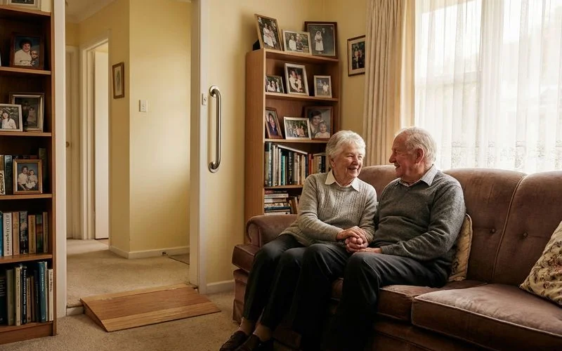 Elderly couple sitting comfortably in their own living room with home modifications including grab rails and ramp