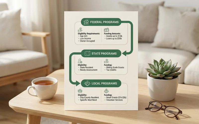 Infographic showing federal, state, and local funding sources for senior home modifications with eligibility requirements
