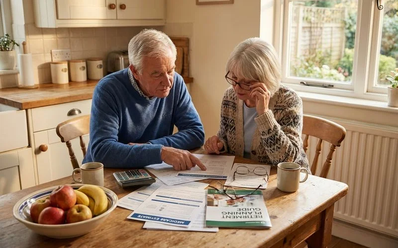 Senior couple reviewing financial documents at kitchen table planning their home modification budget