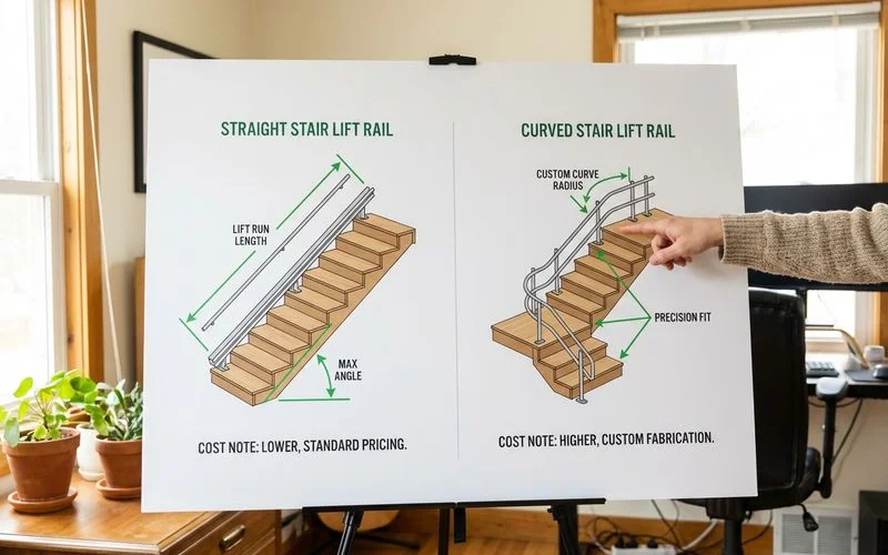 Side-by-side diagram comparing straight stair lift rail installation versus curved stair lift rail with measurements