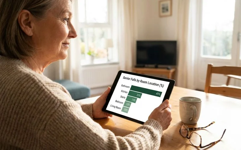 Statistical bar chart showing percentage of senior falls by room location in the home