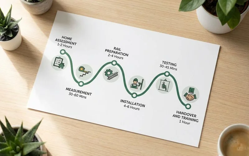 Step-by-step timeline infographic showing stair lift installation process from initial measurement to final testing