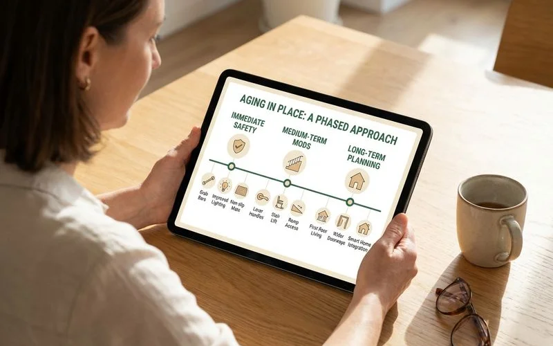 Timeline infographic showing phased approach to aging-in-place modifications from immediate safety to long-term planning
