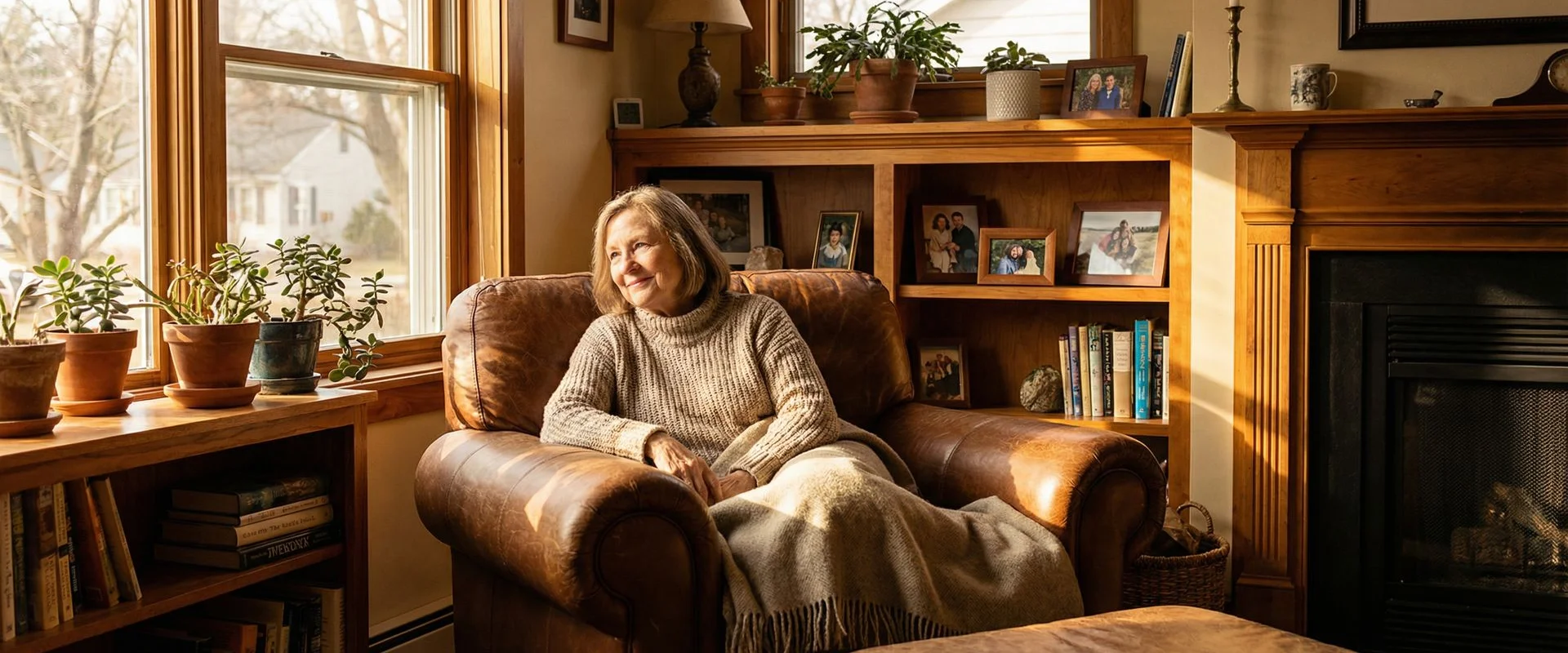 Senior woman relaxing safely in her comfortable, well-lit modern home